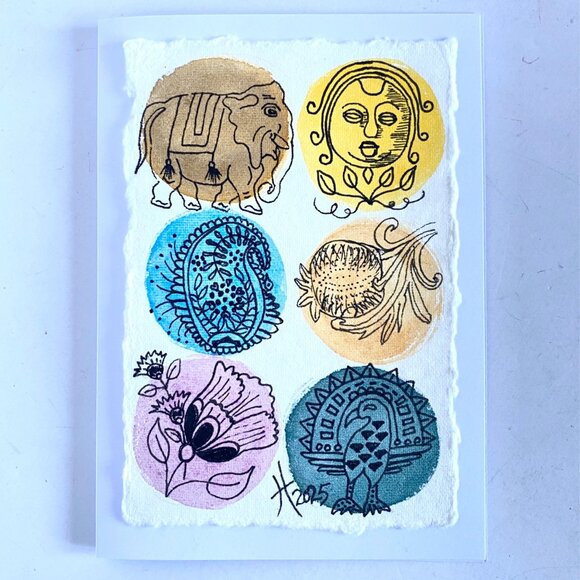 Watercolor Dots India Style Original Art Handmade 5x7in Blank Greeting Card - Picture 1 of 4